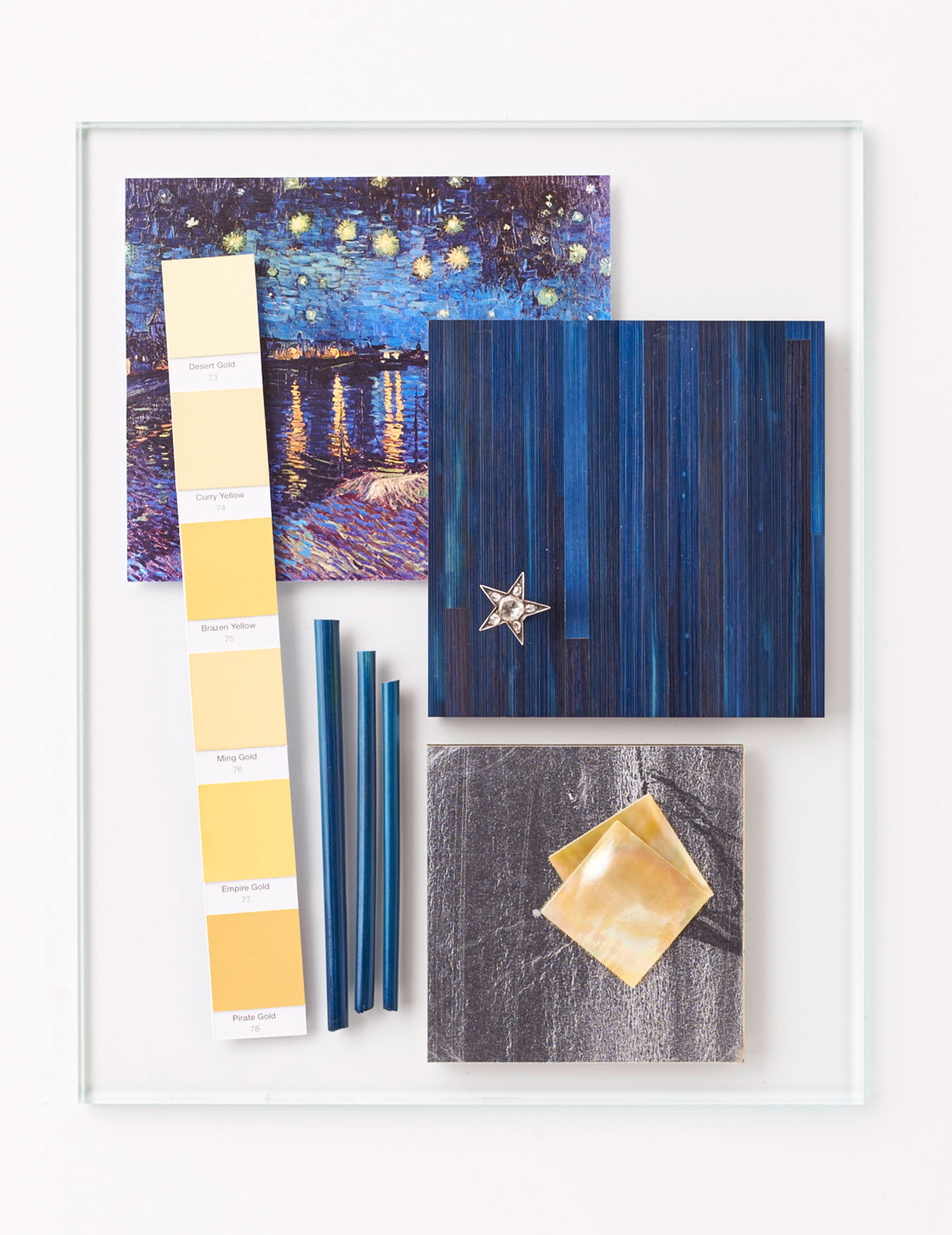 Moodboard goud blauw stro